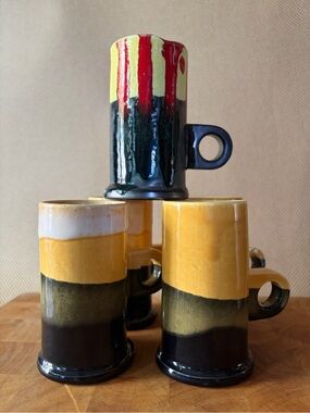 Handcrafted Artist Peter Shire Drip Yellow & Black Ceramic Tall Mugs  - Set of 5